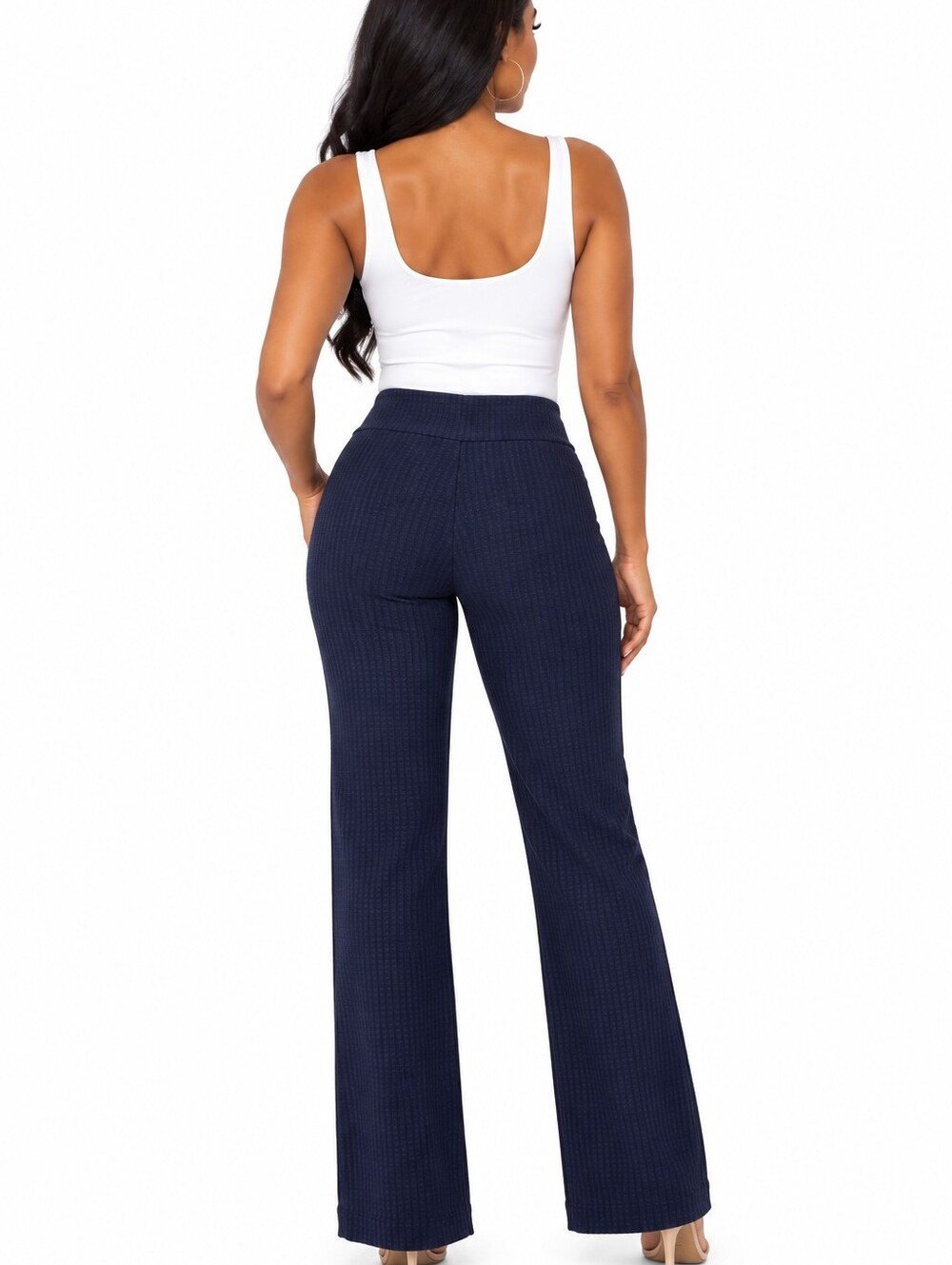 Women’s Navy Blue Textured Stretch Flare Pants – Waist 34” Inseam 32” - Picture 2 of 4